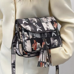 Alternative view of Elvis Presley Vegan Cross Body Bag Saddle Style With All Over print Collage And Tassel Stud Detail - Elvis