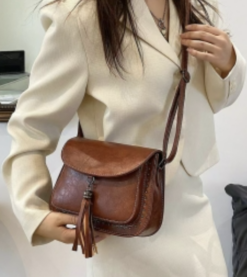 Alternative view of Vegan PU Cross Body Bag Saddle Style With Tassel Stud Detail Cootchi Squares Brown