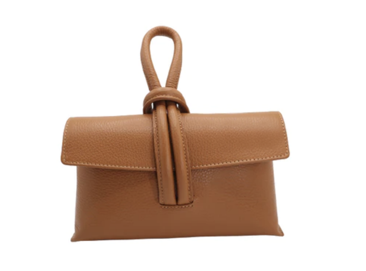 Tan Clara Italian Leather Full Grained Leather Clutch Crossbody Pull Through Loop