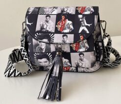 Elvis Presley Vegan Cross Body Bag Saddle Style With All Over print Collage And Tassel Stud Detail - Elvis
