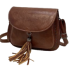 Vegan PU Cross Body Bag Saddle Style With Tassel Stud Detail -Dark Tan Brown