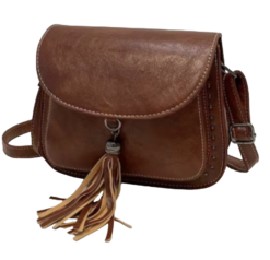 Vegan PU Cross Body Bag Saddle Style With Tassel Stud Detail -Dark Tan Brown