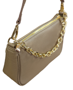 Alternative view of Italian Leather Shoulder Bag/ Clutch with Gold Tone Metal Chain Detailing - Gabriella Dark Beige
