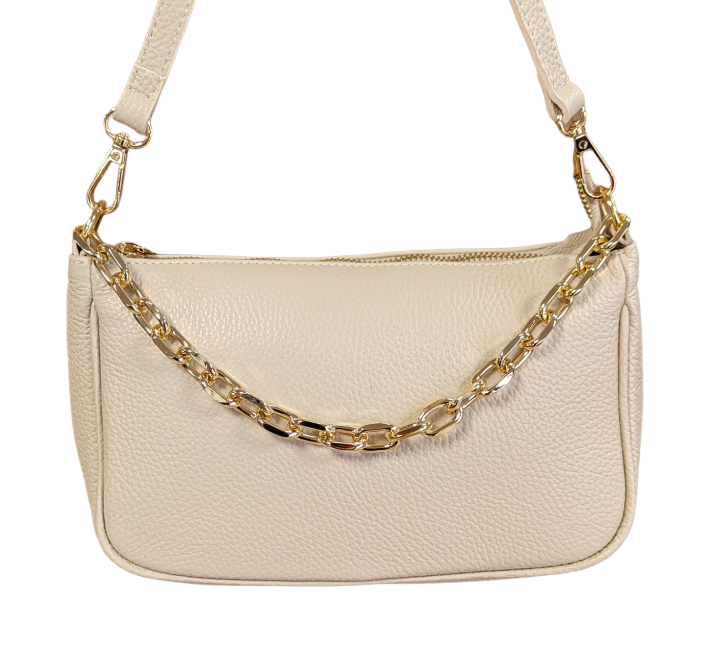 Italian Leather Shoulder Crossbody Bag/ Clutch with Gold Tone Metal Chain Detailing - Gabriella Stone