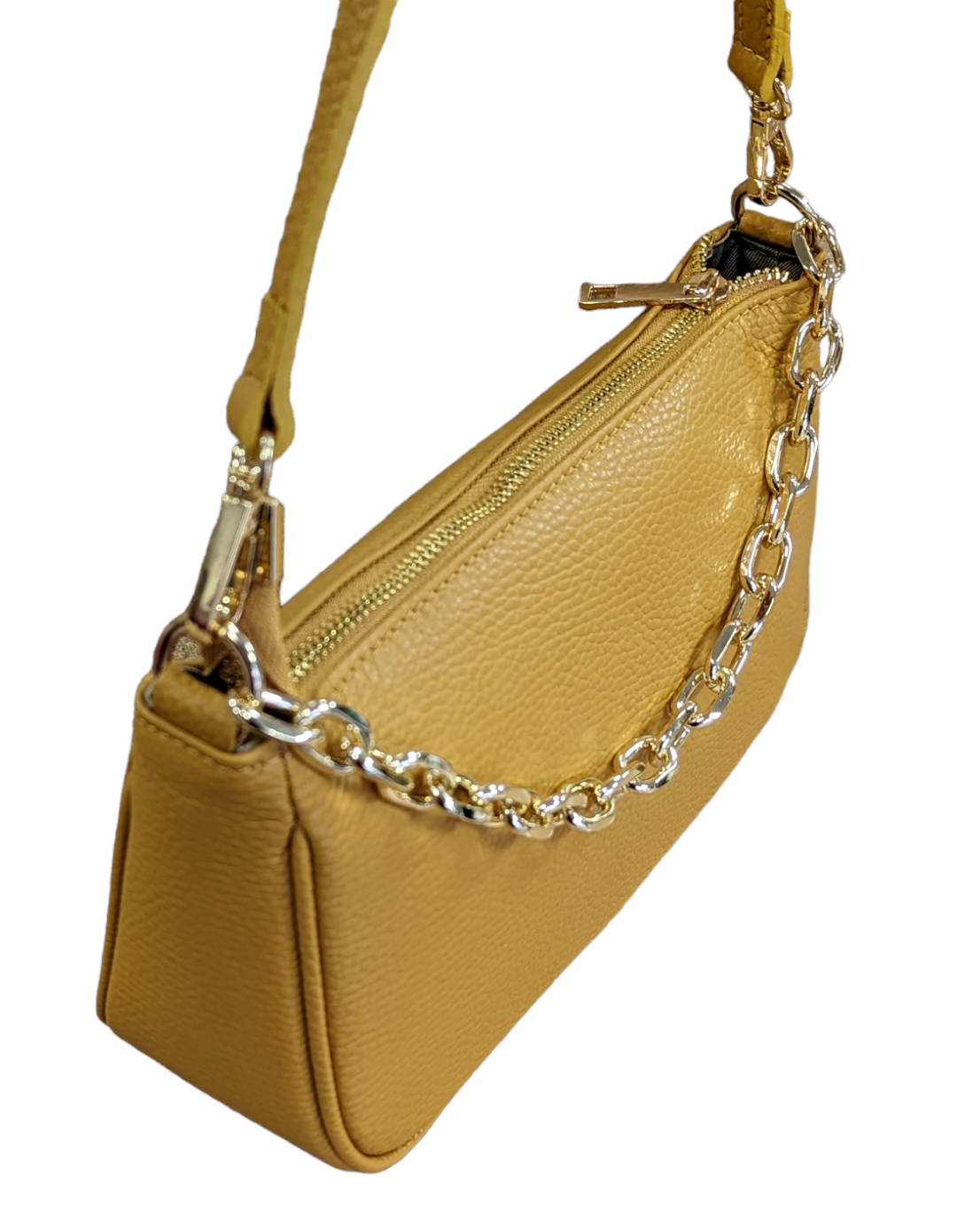 Italian Leather Shoulder Crossbody Bag/ Clutch with Gold Tone Metal Chain Detailing - Gabriella Mustard - Image 2