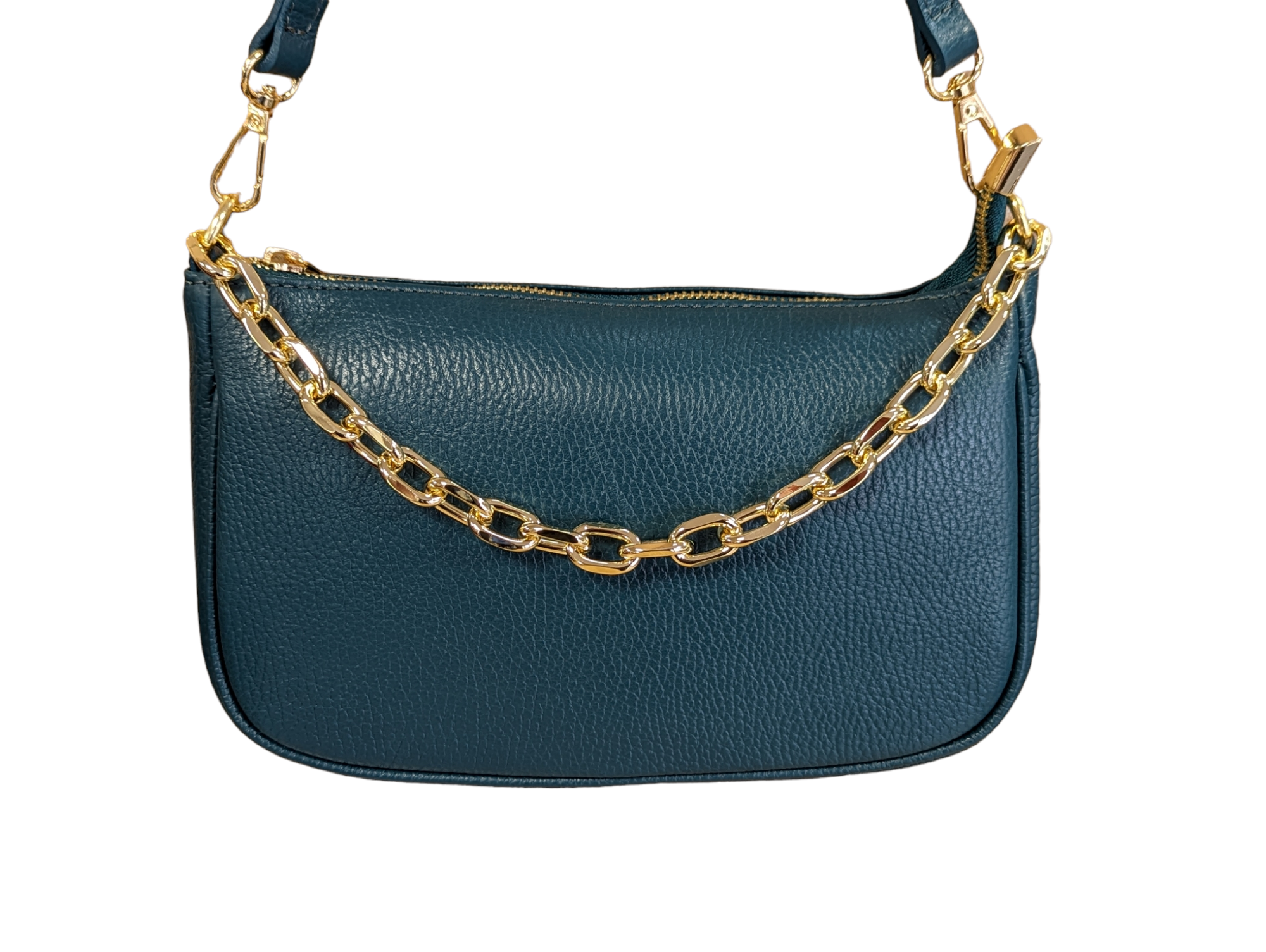 Italian Leather Shoulder, Crossbody Bag/ Clutch with Gold Tone Metal Chain Detailing - Gabriella Teal
