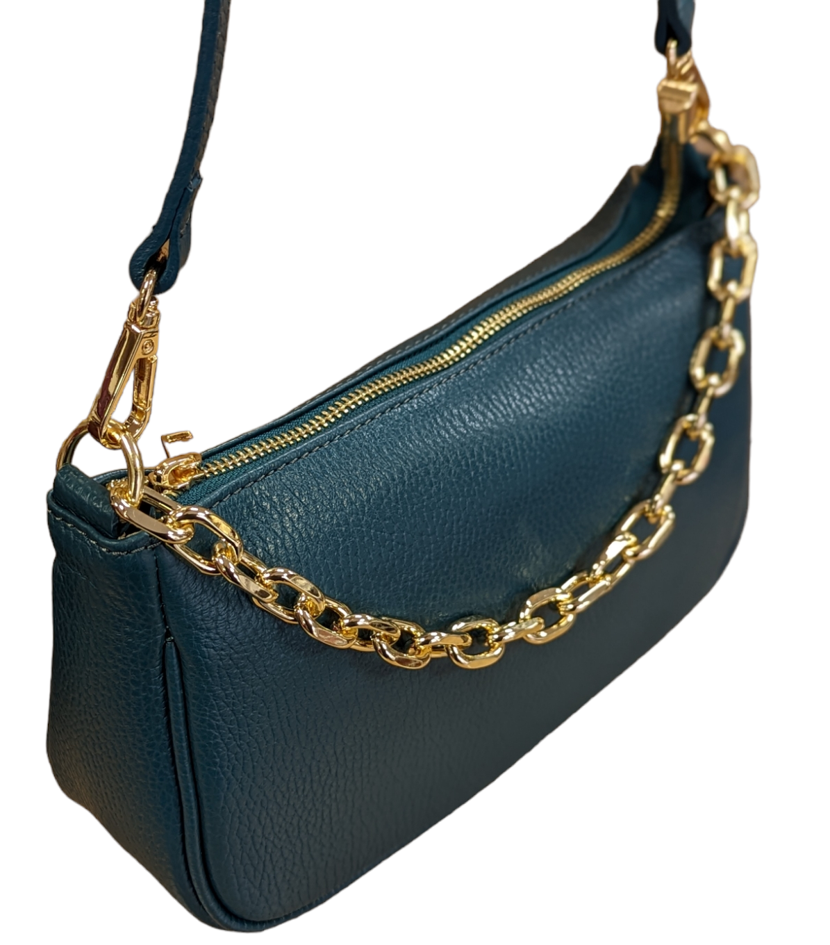 Italian Leather Shoulder, Crossbody Bag/ Clutch with Gold Tone Metal Chain Detailing - Gabriella Teal - Image 2