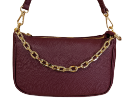Italian Leather Shoulder Crossbody Bag/ Clutch with Gold Tone Metal Chain Detailing - Gabriella Burgundy