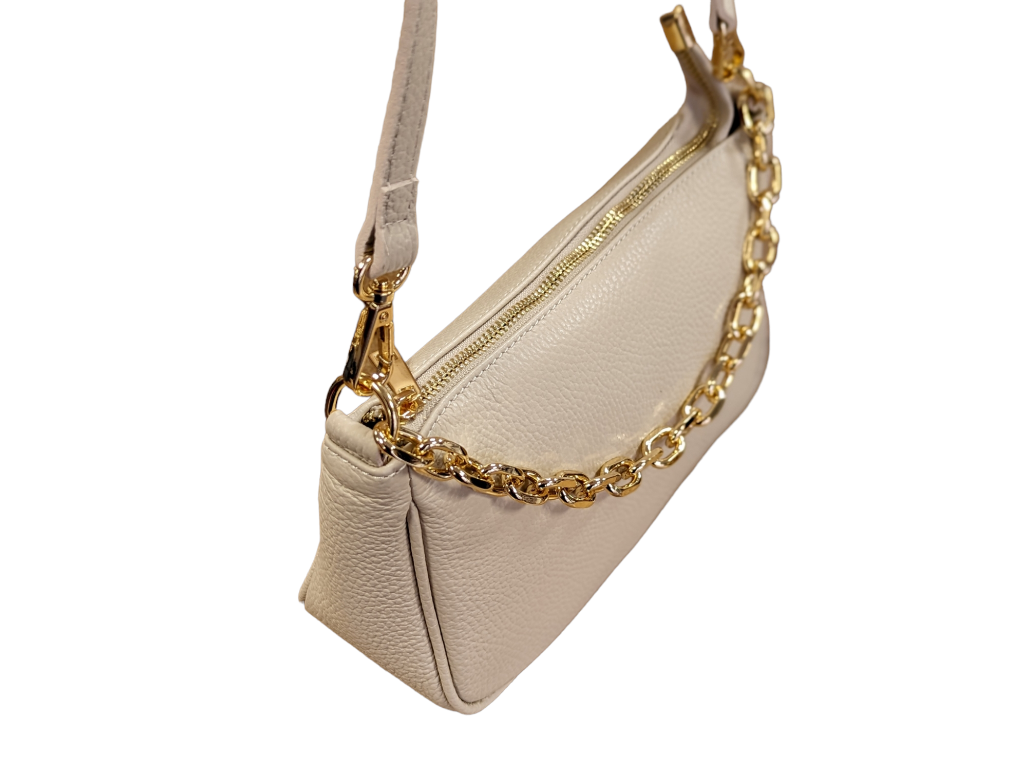 Italian Leather Shoulder Crossbody Bag/ Clutch with Gold Tone Metal Chain Detailing - Gabriella Stone - Image 2