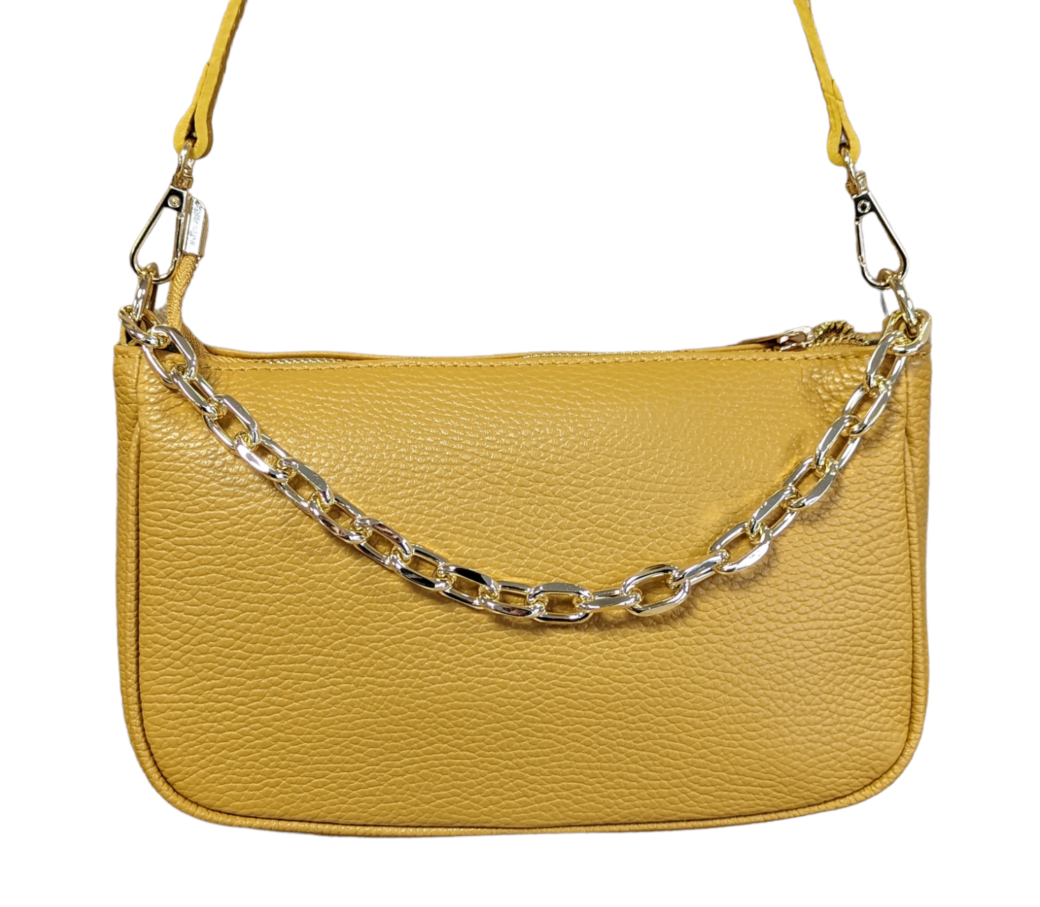 Italian Leather Shoulder Crossbody Bag/ Clutch with Gold Tone Metal Chain Detailing - Gabriella Mustard