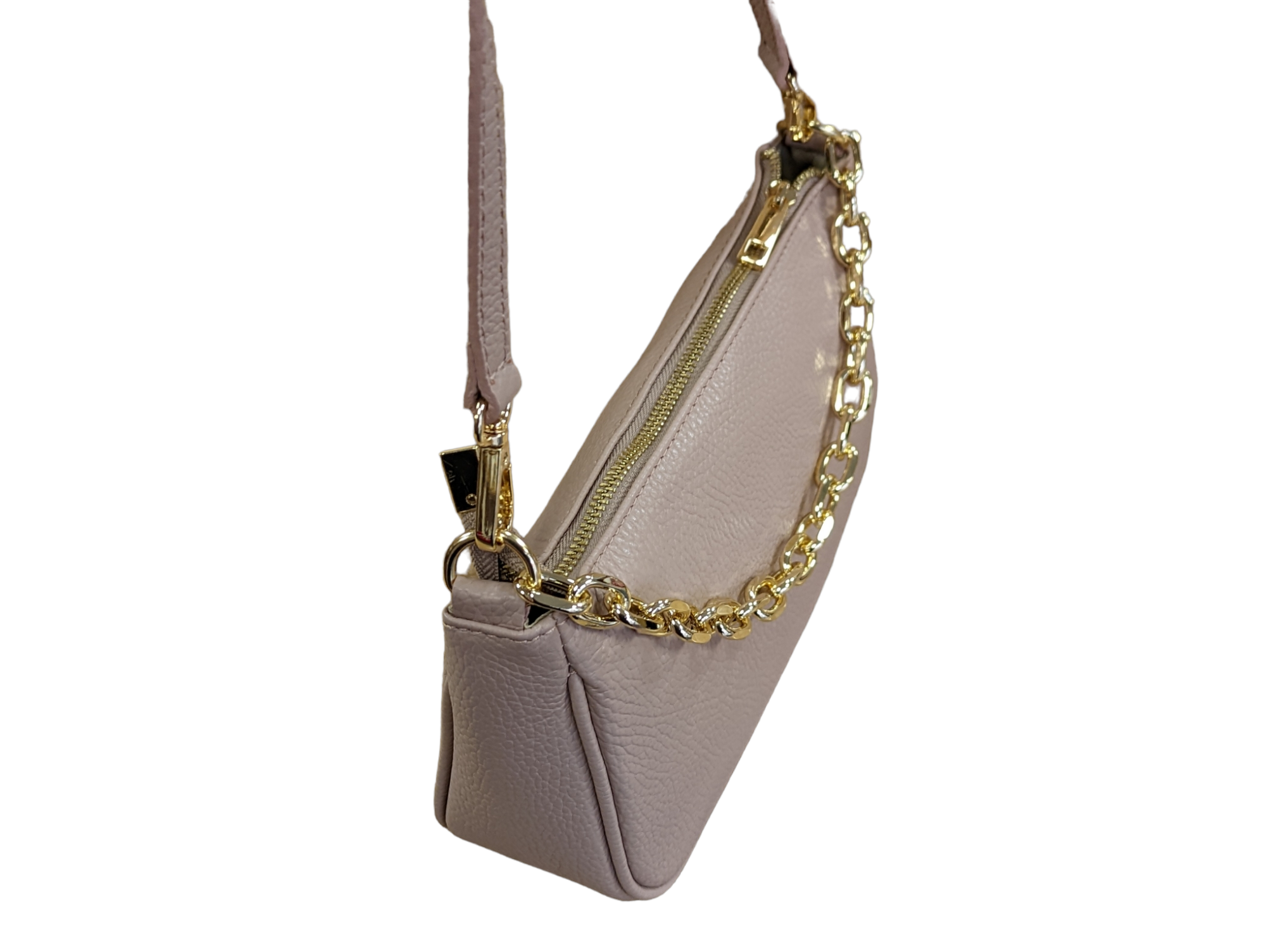 Italian Leather Shoulder Bag/ Clutch with Gold Tone Metal Chain Detailing - Gabriella Nude - Image 2