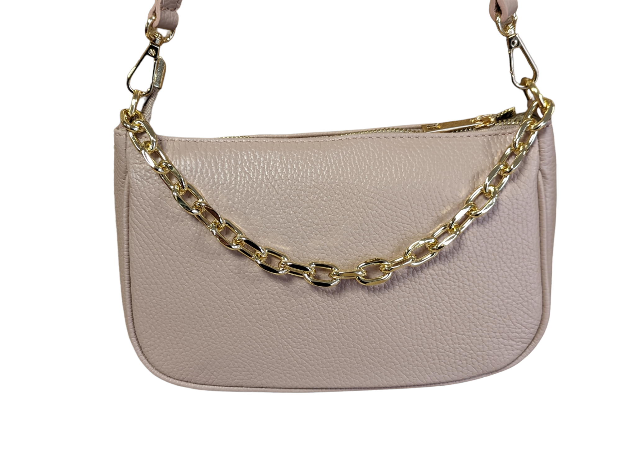 Italian Leather Shoulder Bag/ Clutch with Gold Tone Metal Chain Detailing - Gabriella Nude