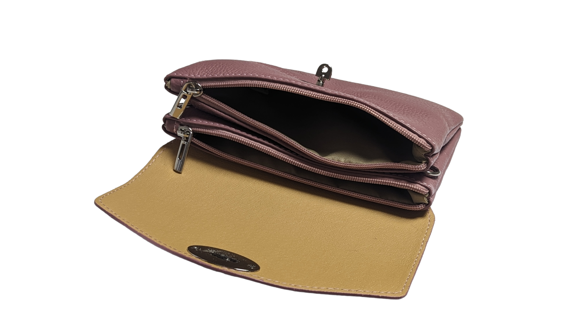 Italian Designer Soft Leather Full Grained Leather Crossbody Twin Compartments with Twistlock - Swolit Christina Dusty Pink - Image 4