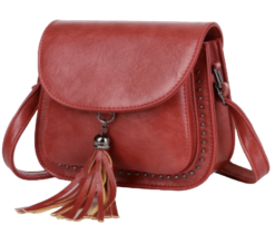 Vegan PU Cross Body Bag Saddle Style With Tassel Stud Detail - Red
