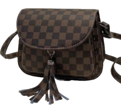 Vegan PU Cross Body Bag Saddle Style With Tassel Stud Detail Cootchi Squares Brown