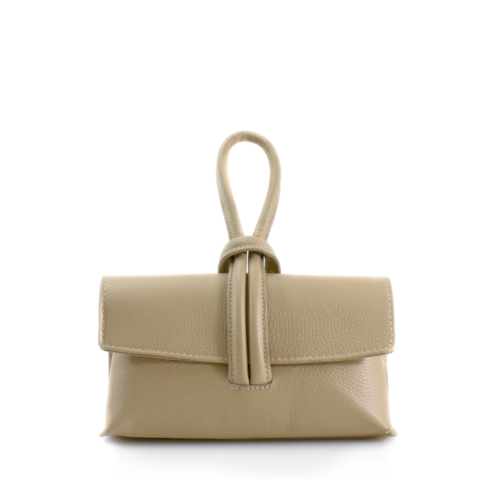 Khaki Clara Italian Designer Soft Leather Full Grained Leather Clutch Crossbody Pull Through Loop