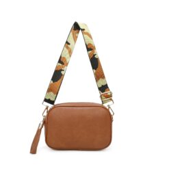 PU Camera Crossbody Bag with Colourful Strap- Brown