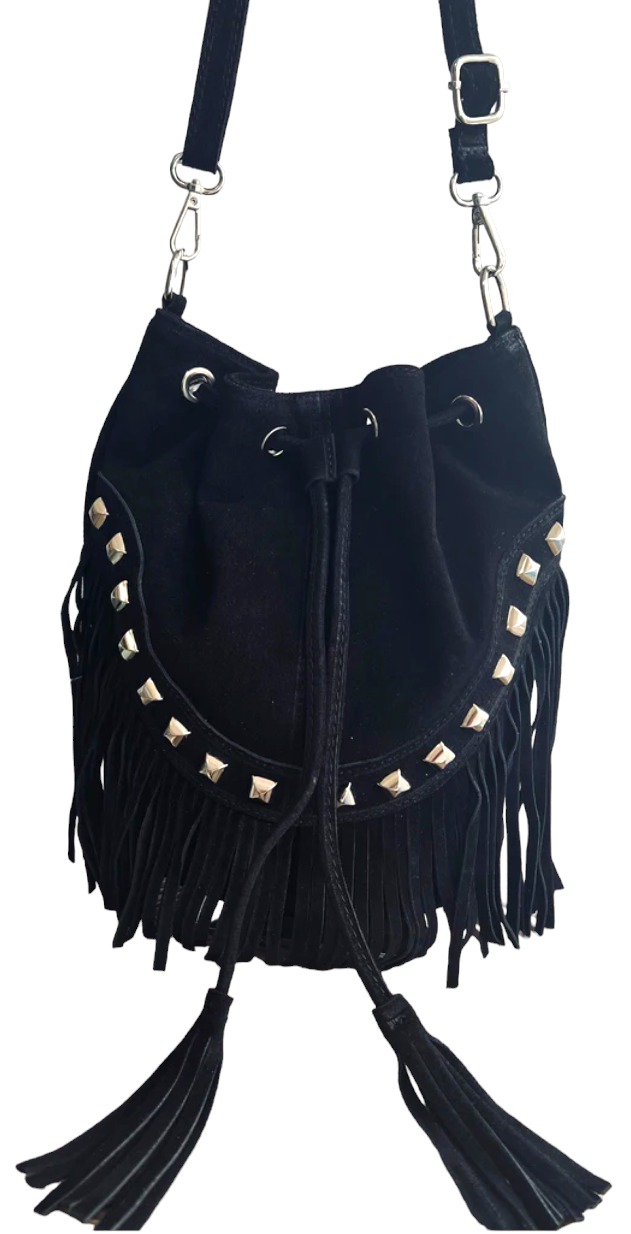 Italian Designer Soft Leather Suede Fringed Bucket Bag with Studs- Swolit Maggia New Black
