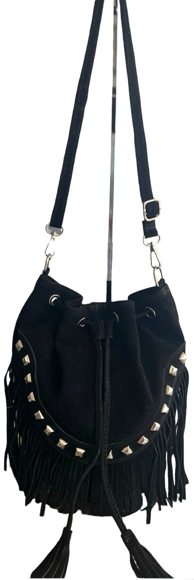 Italian Designer Soft Leather Suede Fringed Bucket Bag with Studs- Swolit Maggia New Black - Image 5