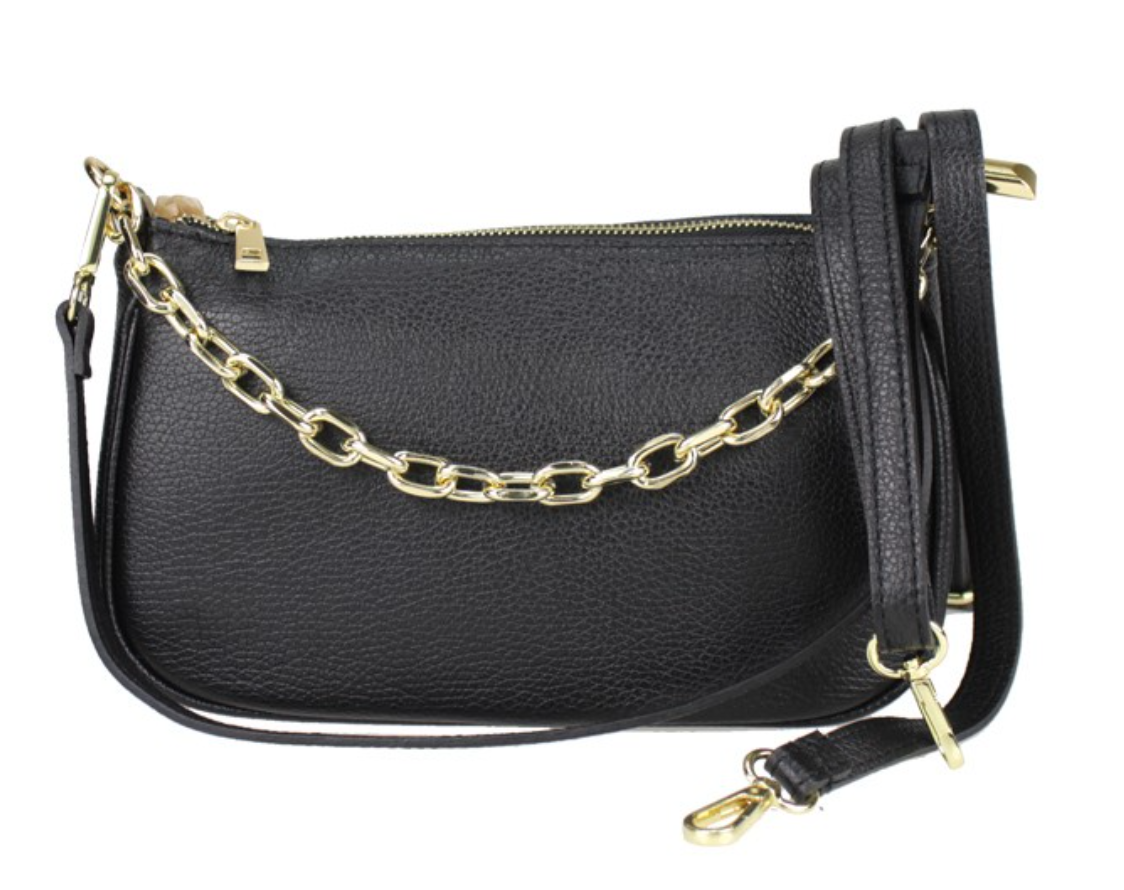 Italian Leather Shoulder, Crossbody Bag/ Clutch with Gold Tone Metal Chain Detailing - Gabriella Black
