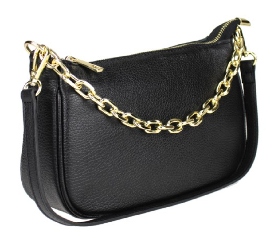 Italian Leather Shoulder, Crossbody Bag/ Clutch with Gold Tone Metal Chain Detailing - Gabriella Black - Image 3
