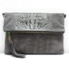 Italian Designer Foldover Croc Print Suede Leather Clutch - Swolit Abra Dark Grey