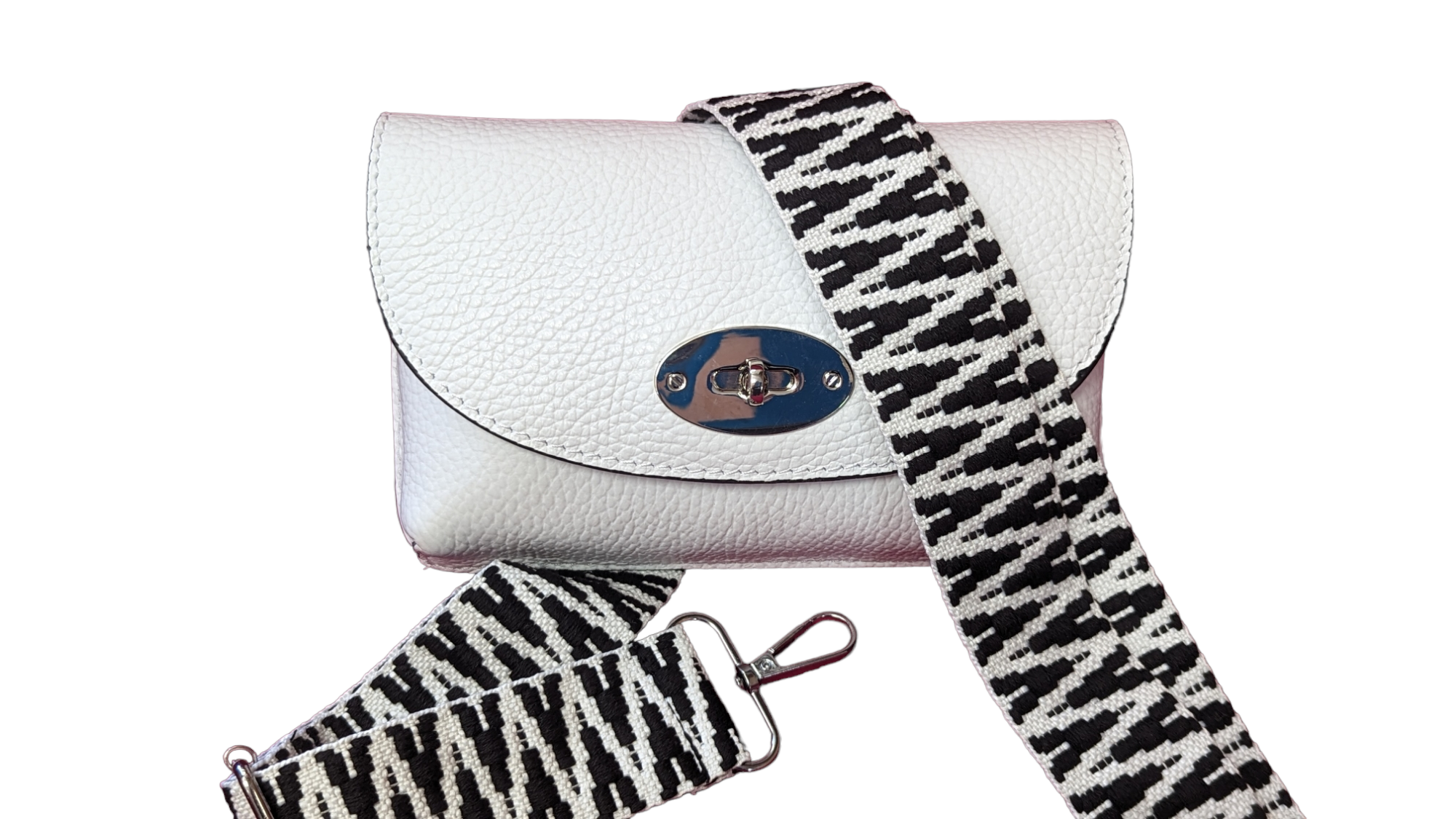 Italian Leather Mini Crossbody with Twistlock & Silver Chain Strap And Wide Strap Included Celia White