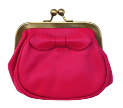 Genuine Leather Purse with 'kiss lock' fastening bow detail- Pink