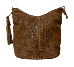 Italian Designer Suede Leather Bucket Bag with Tassel- Swolit Tullio Croc Dark Tan Brown