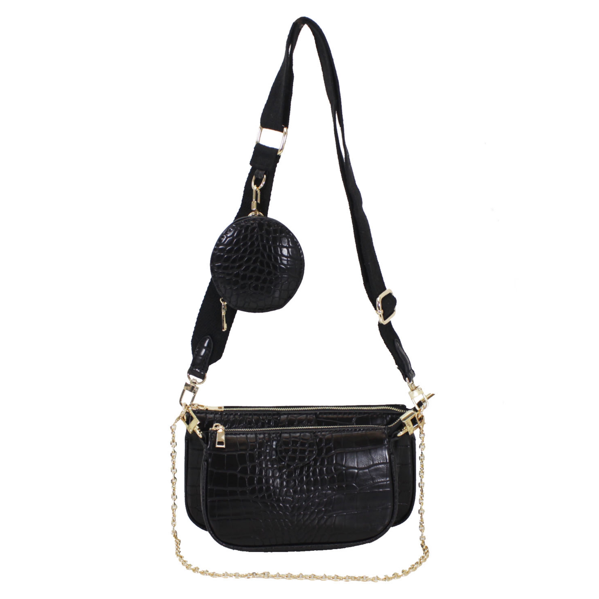 A Trio of Black Elegant Vegan Clutch Cross Body Mock Croc with Gold hardware