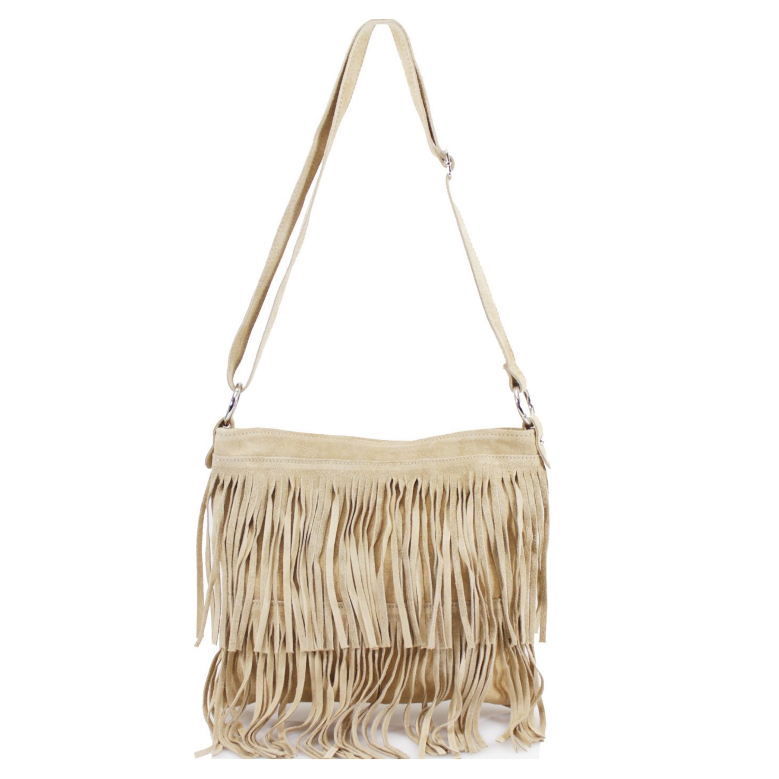 Italian Leather Suede Leather Double Fringe Cross Body Handbag - Swolit Chica Beige