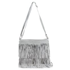 Italian Leather Suede Leather Double Fringe Cross Body Handbag - Swolit Chica Light Grey
