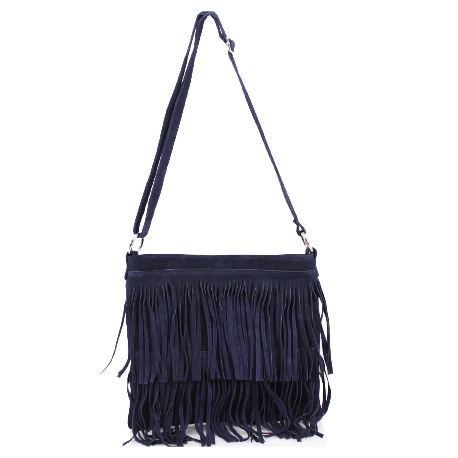 Italian Leather Suede Leather Double Fringe Cross Body Handbag - Swolit Chica Navy