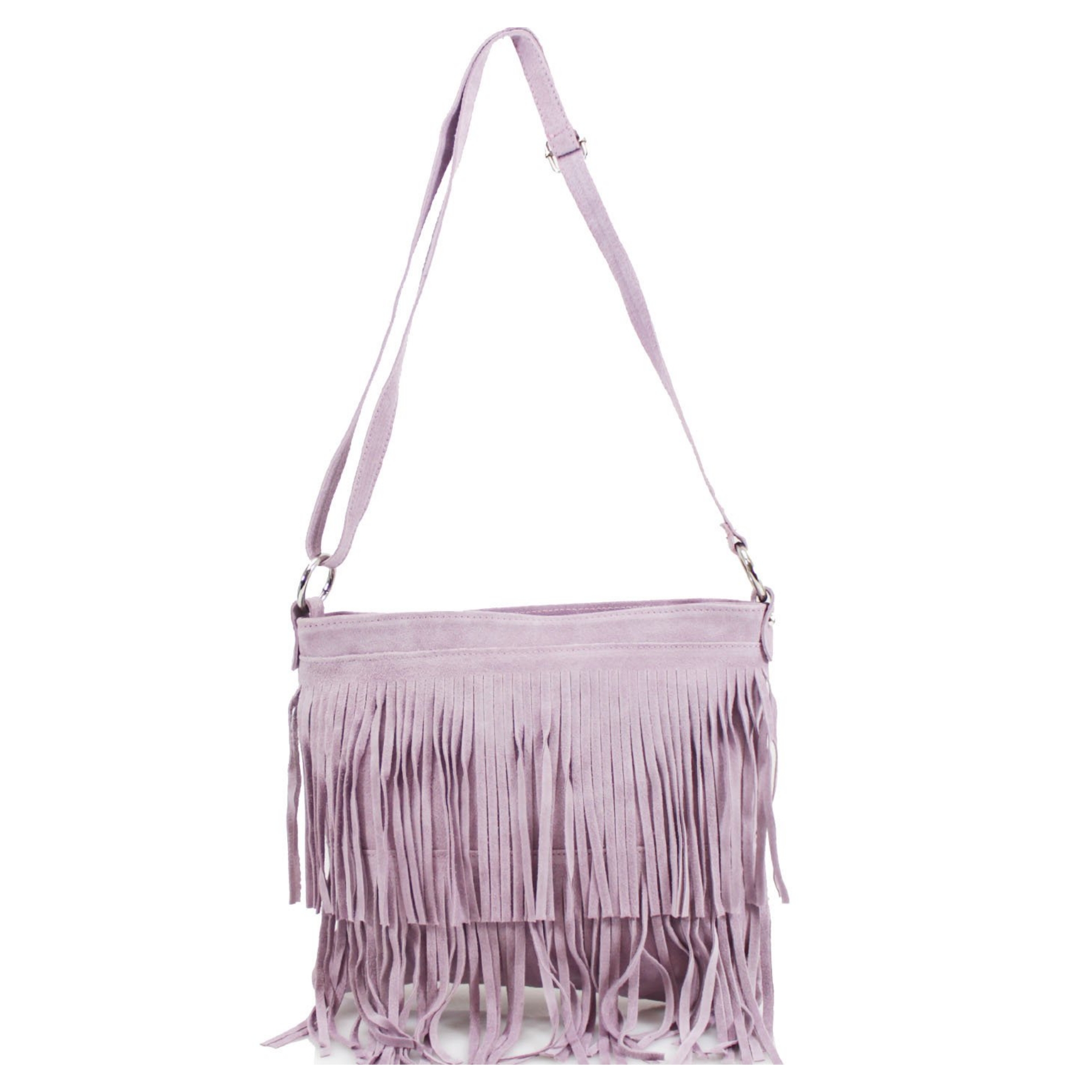 Italian Leather Suede Leather Double Fringe Cross Body Handbag - Swolit Chica Pink