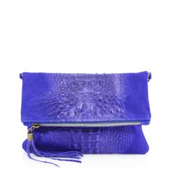 Italian Designer Foldover Croc Print Suede Leather Clutch - Swolit Abra Royal Blue