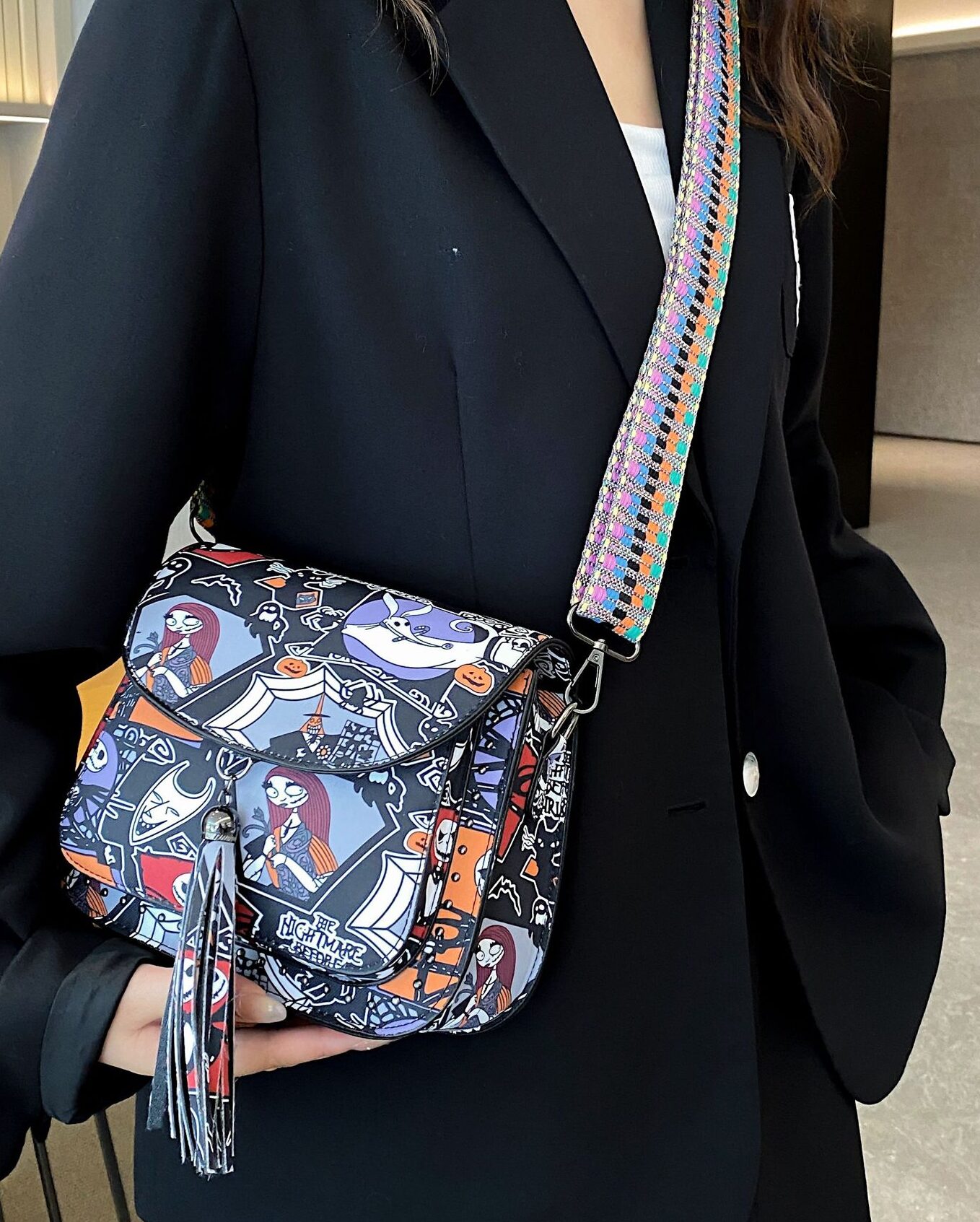 Nightmare Before Christmas Vegan Cross Body Bag Saddle Style With All Over print And Tassel Stud Detail LIMITED EDITION - Image 3