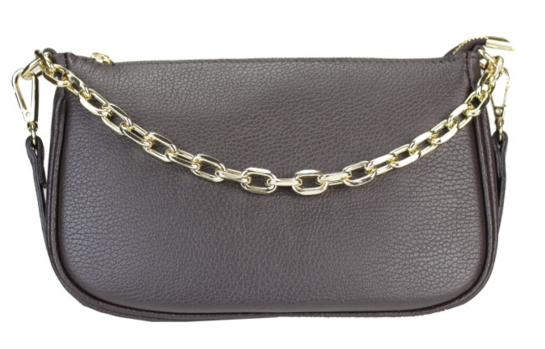Italian Leather Shoulder Bag/ Clutch with Gold Tone Metal Chain Detailing - Gabriella Dark Green