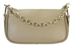 Italian Leather Shoulder, Crossbody Bag/ Clutch with Gold Tone Metal Chain Detailing - Gabriella Taupe