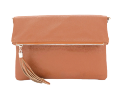 Chiara Italian Designer Foldover Leather Clutch Light Tan