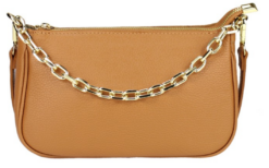 Italian Leather Shoulder, Crossbody Bag/ Clutch with Gold Tone Metal Chain Detailing - Gabriella Tan