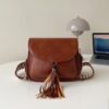 Vegan Cross Body Bag Saddle Style With Tassel Stud Detail Tan Brown Wide Strap