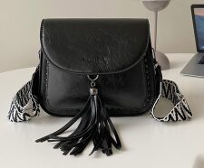 Vegan Cross Body Bag Saddle Style With All Over print And Tassel Stud Detail Black Wide Strap