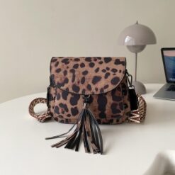 Vegan Cross Body Bag Saddle Style With All Over print And Tassel Stud Detail Leopard Animal Print, Includes Wide Strap