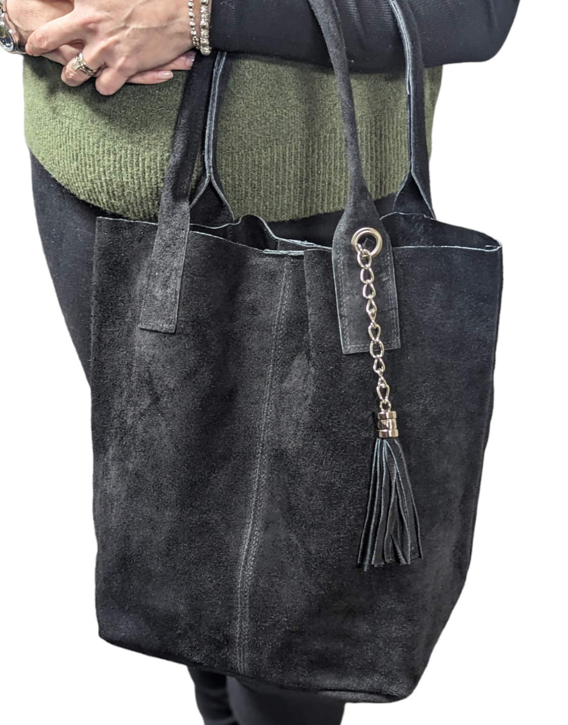 Italian Suede Leather Tote Shoulder Bag with Tassel & Coin Purse Black - Image 3