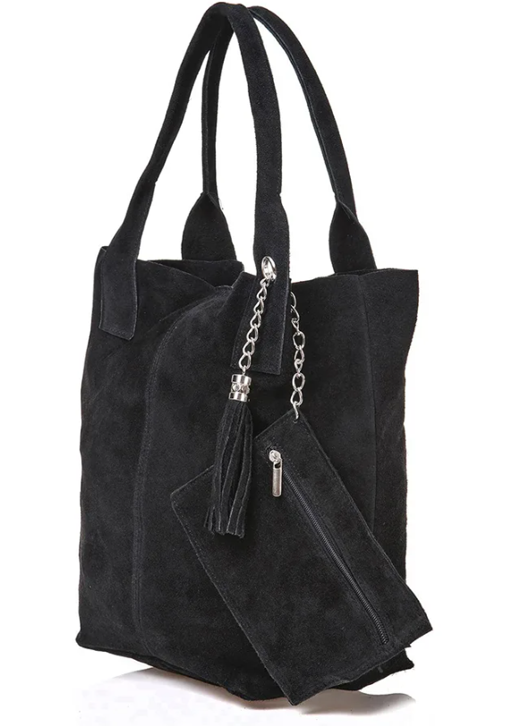 Italian Suede Leather Tote Shoulder Bag with Tassel & Coin Purse Black - Image 2