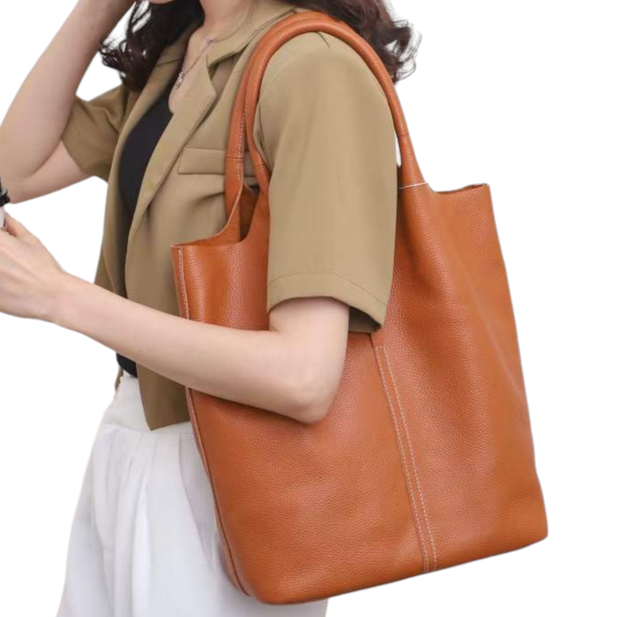 Genuine Leather Large Soft Tote Shoulder Bag in Bag Donna Stone - Image 3