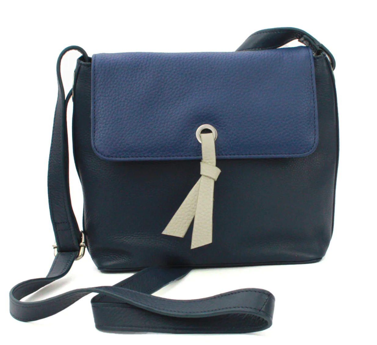 Leather Crossbody Handbag with Flap - Karen Blue