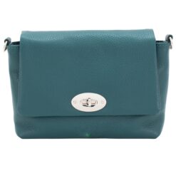 Italian Designer Soft Leather Full Grained Leather Crossbody with Twistlock Silver Hardware - Swolit Anete Teal