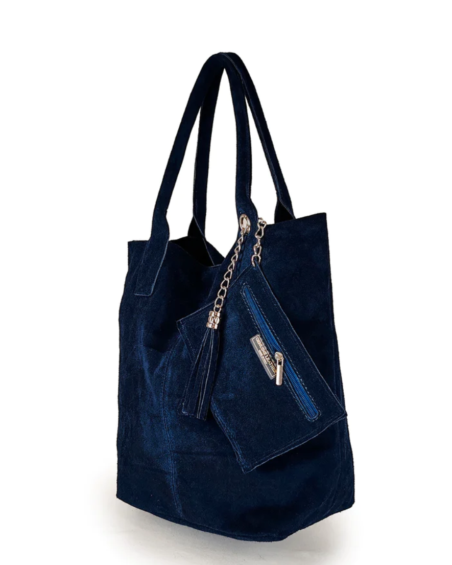 Italian Suede Leather Tote Shoulder Bag with Tassel & Coin Purse Navy - Image 2