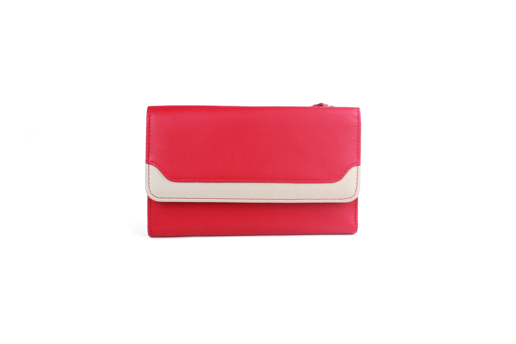 Genuine Soft Leather Purse RFID protection with contrast panel detailing - Watermelon & Ivory